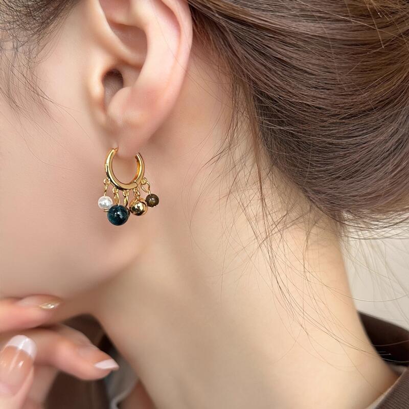 Trendy Brown Stone Pearl Beaded Pendant Earrings for Women Girls Maillard Vintage Earrings Buckle Vacation Jewelry Accessories