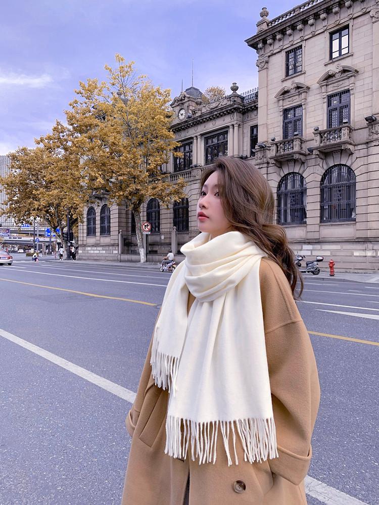 White Cashmere Scarf: Thickened, Solid Color, Versatile for Women & Men, Perfect for Autumn & Winter