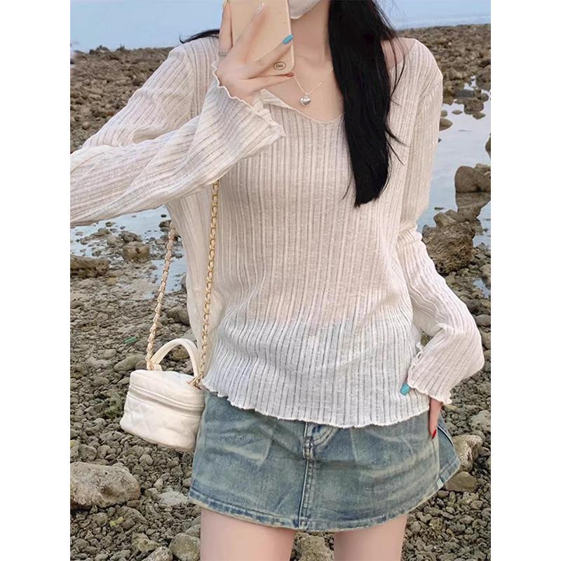 Women's 2024 Sun Protection Air Conditioning Long Sleeve Blouse: Lightweight, Sheer, with Wood Ear Trim for Summer