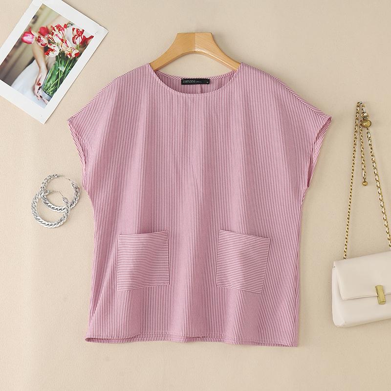 ZANZEA Blusa Casual de Verano para Mujer con Cuello Redondo y Manga Corta a Rayas