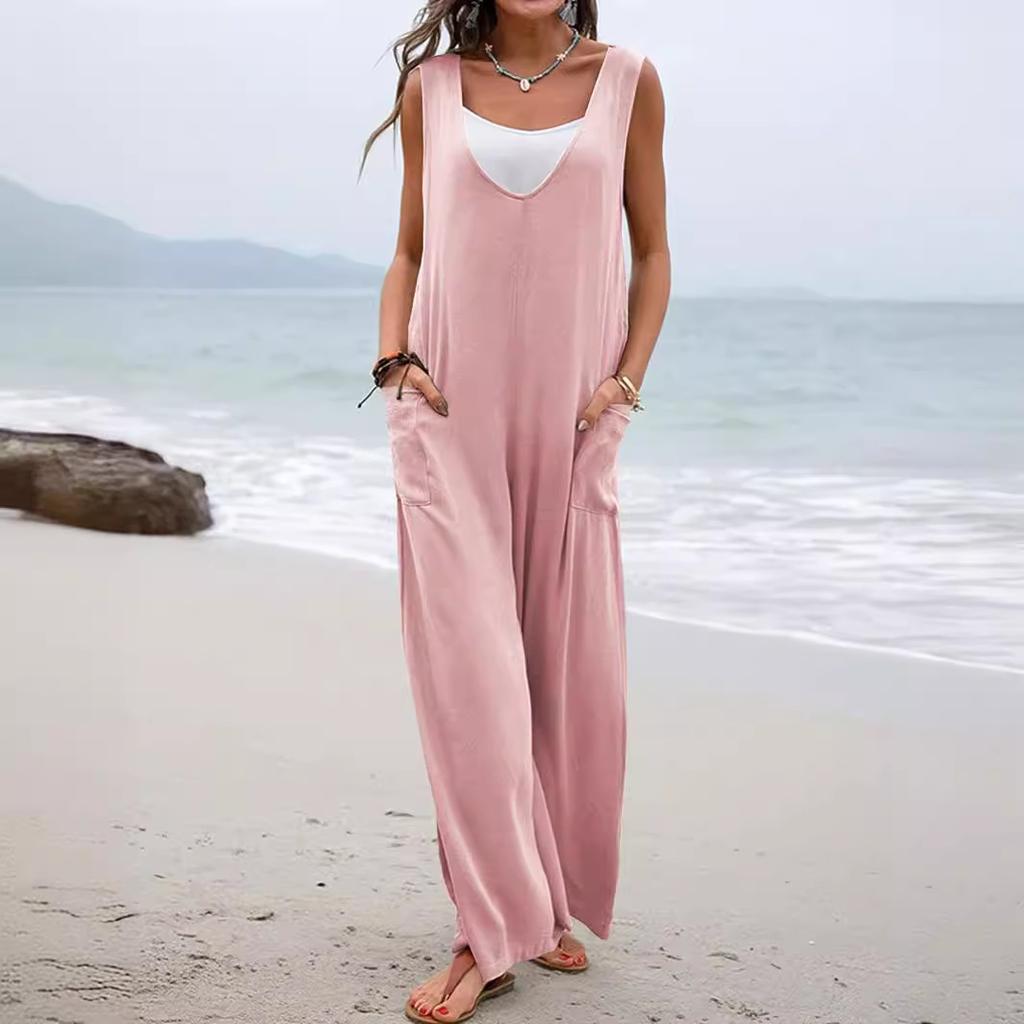 Women Dusty Pink V Neck Sleeveless Pocketed Wide Leg Overalls