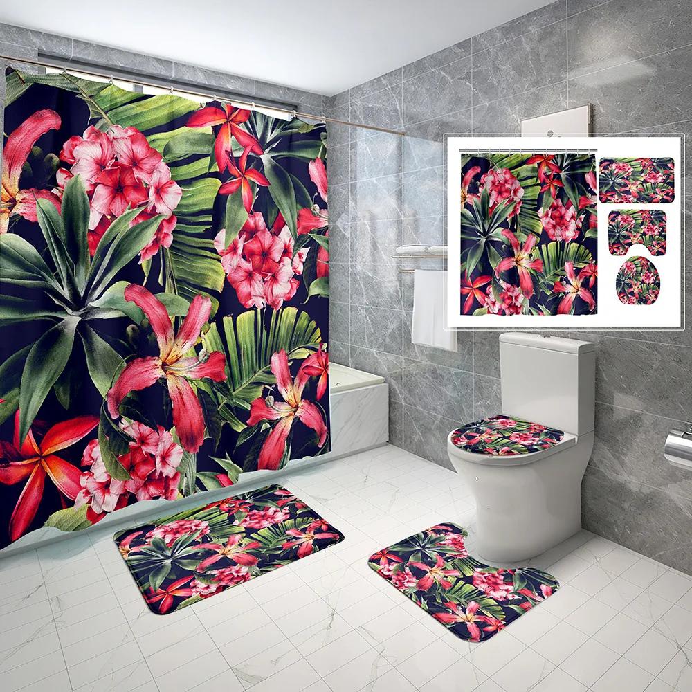 Elegant Leaves Big Flowers Print Shower Curtain With Hooks High Quality Waterproof Bathroom Curtain Bath Mat Set Home Decoration