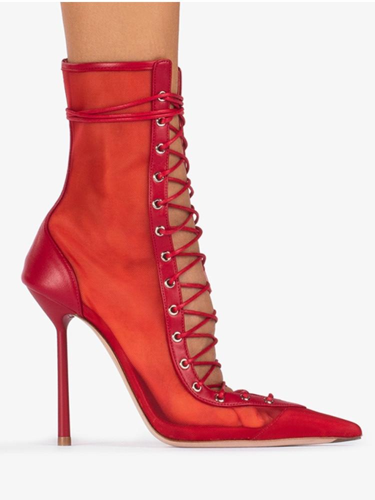 2025 Vår/Sommer Ny Snøring Korte Kule Støvletter Sideglidelås Bankett Slim Fit Høy Hæl Sexy Knelange Damestøvletter