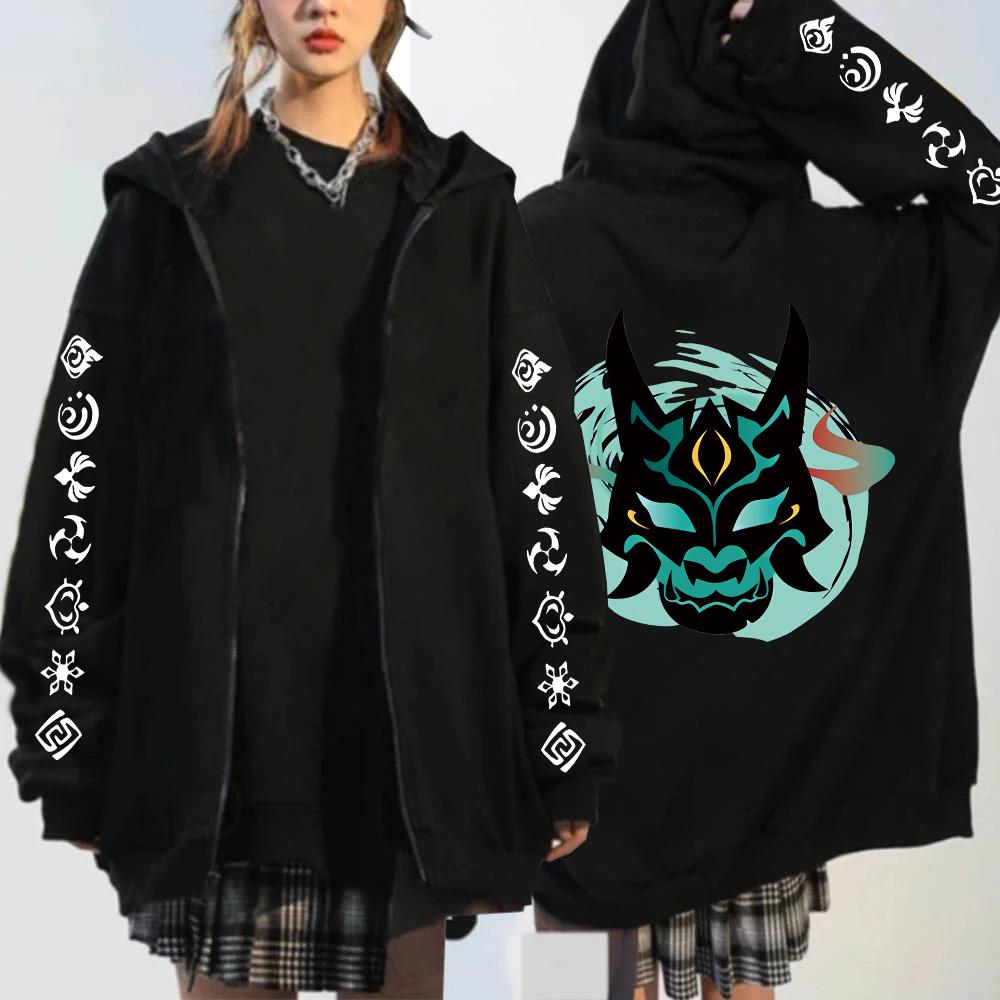 

Harajuku Game Genshin Impact Xiao Mask Fangs Графические толстовки Модные мужские и женские модные топы Зимние теплые черные пальто на молнии Толстовки
