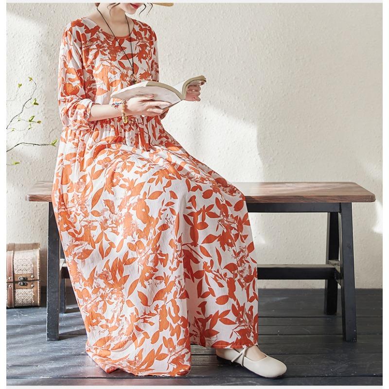 DIMANAF 2024 Rochie de primăvară mărime Plus pentru femei, rochie boemă ocazională cu imprimeu floral, rochie lejeră pentru plajă, decolteu O, verde, femeie