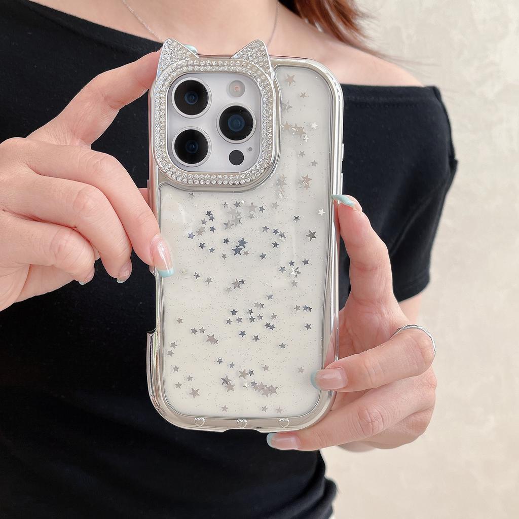 For IPhone16ProMax Flash Diamond Phone Case for Apple15 Cute Cartoon Cat Ears 14 Electroplating Protective Case
