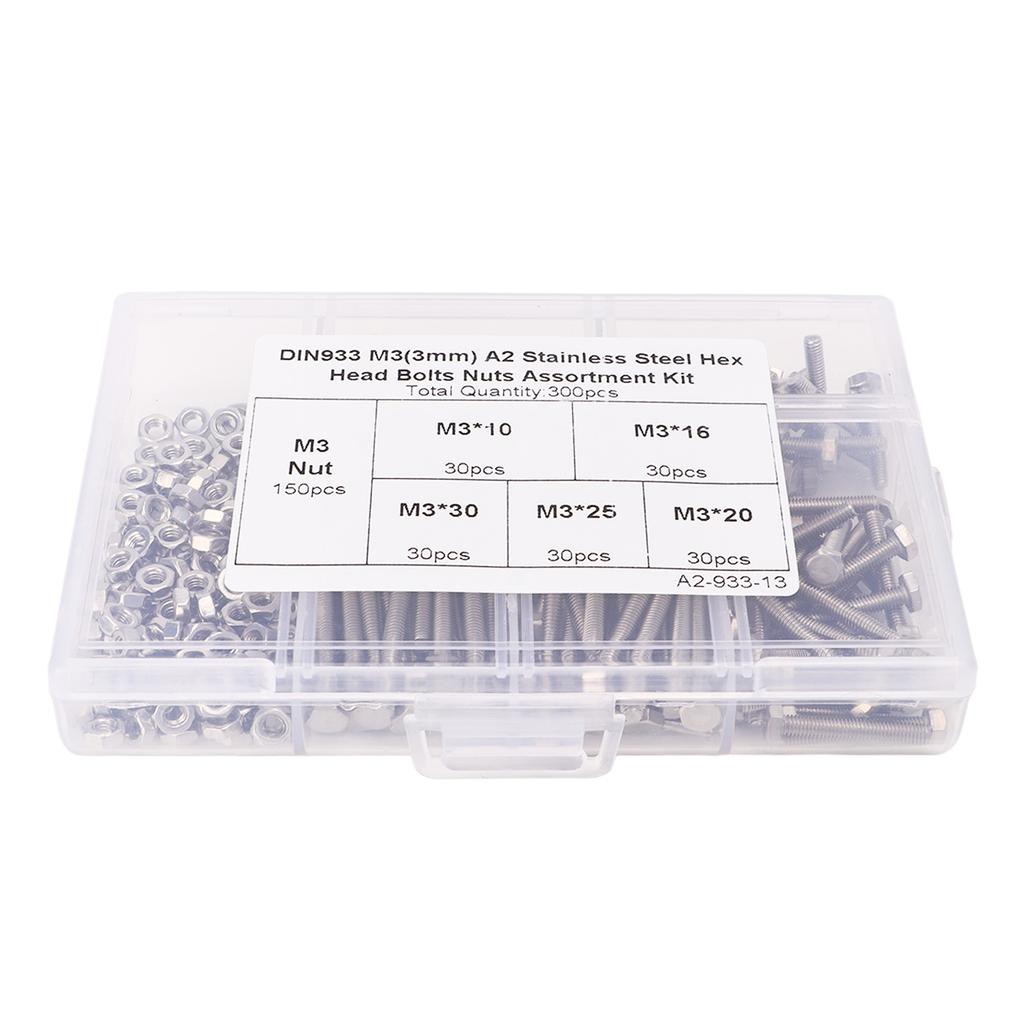300Pcs M3 Hex Screws Nuts Set with Storage Box Uniform Pitch Oxidation Corrosion Resistance No Rusting Fasteners