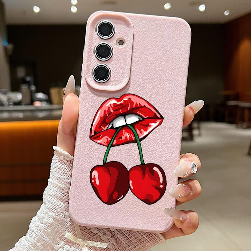 Cartoon Cherry Fruits Case For Samsung S26 Ultra S25 A18 S24 S23 S22 S21 FE A15 A16 A17 A35 A36 A37 A54 A55 A56 A57 Leather Texture Silicone Cover