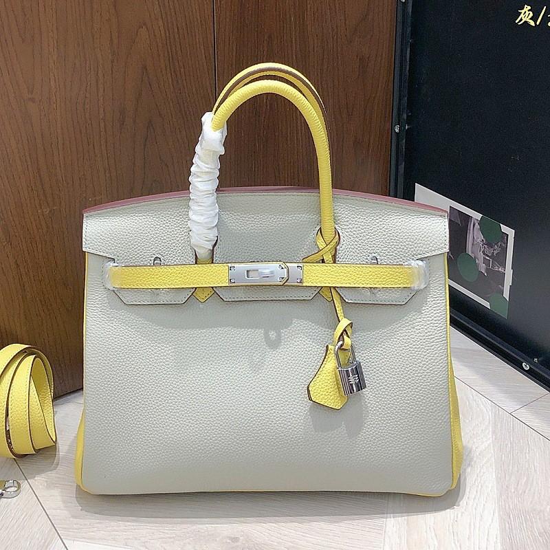 Womens Togo Top Grain Leather Handbag Contrast Color Fashion Shoulder Crossbody Bag