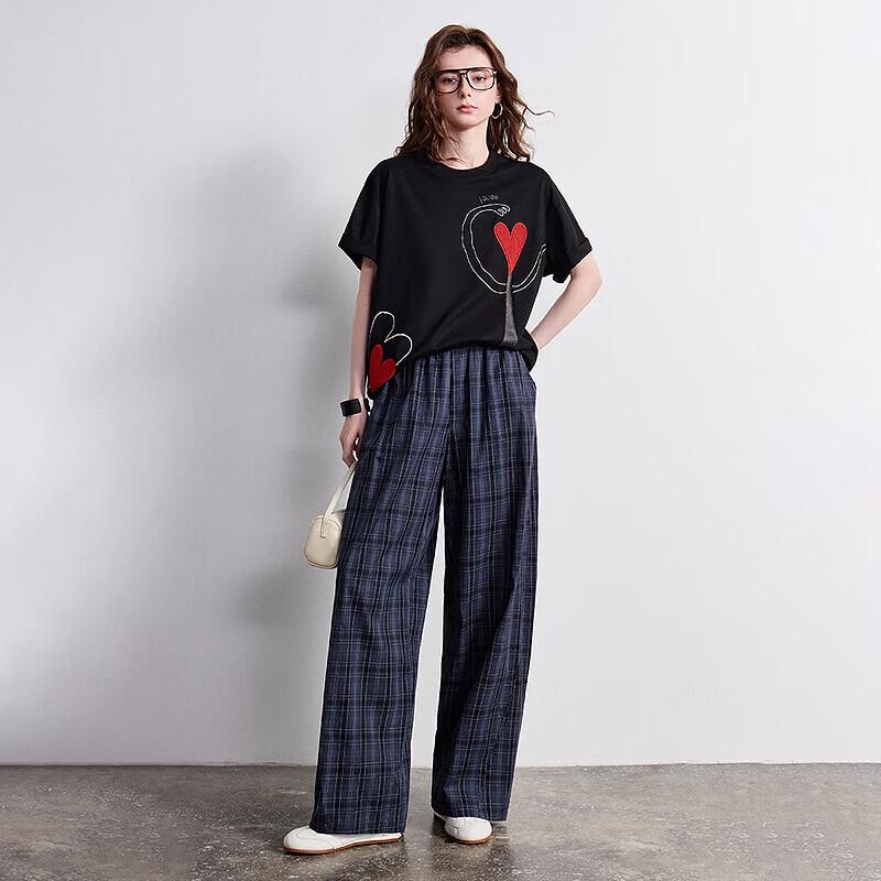 Chuyu Women's Cotton Loose Plaid Wide-leg Pants