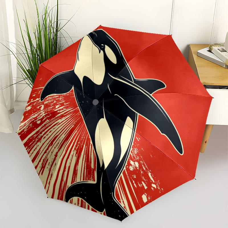 1pc Automatic Open/Close Umbrella with Orca Whale (Killer Whale) Design - Red  Black Marine Life Umbrella, Automatic Folding