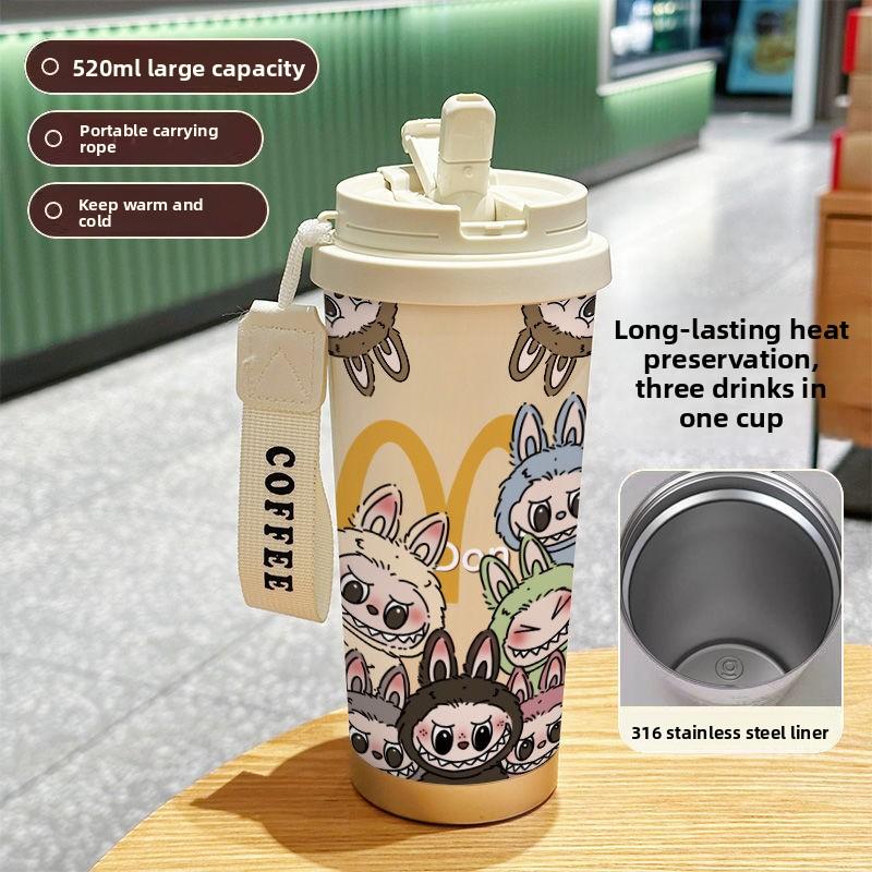 

Термос-кружка из нержавеющей стали большой вместимости, высокой ценности, для двух напитков, семь соломинок, автомобильная кофейная кружка 520ml