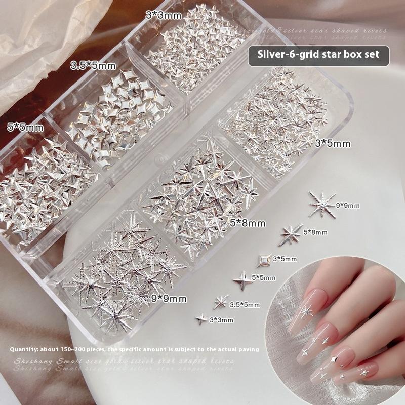 

6 Girds 3D Metal Stars Nail Rivet Studs Decoration Starlight Sparkle Jewelry Nail Arts Tools Alloy Manicure Accessories серебряный