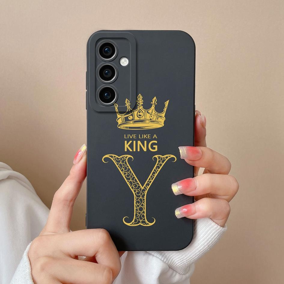Case Phone Cover For Samsung Galaxy A55 S24 Ultra S24+ A15 M15 F15 Bumper Fashion A-Z Crown Letters Cases Matte Liquid Soft Silicone Capas For Samsung