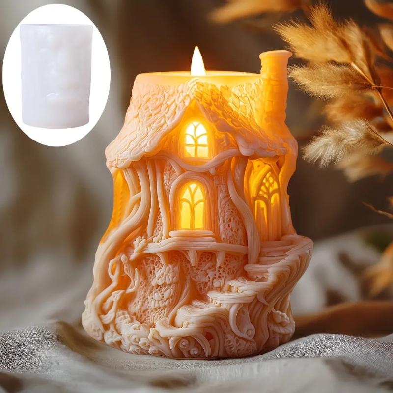 1Pc 3D Treehouse Silicone Mold DIY Elf Tree House Candle Mold Funny Castle Chimney House Resin Concrete Gypsum Mold