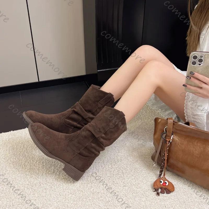 Suede Western Stacked Boots Women Fashion Chunky Heeled Mid-calf Boots Women Spring Autumn Shoes Solid Retro