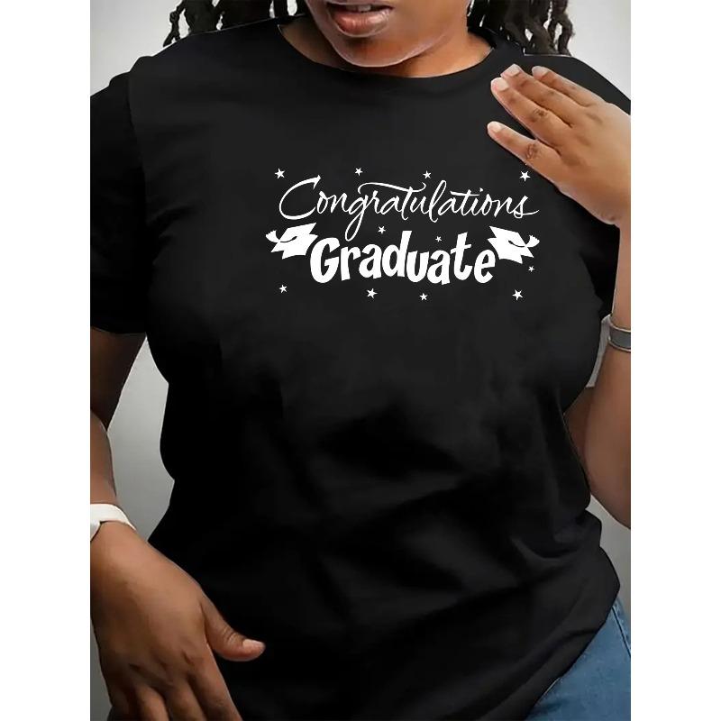 

Женская модная трендовая футболка с принтом-поздравлением для выпускника, с круглым вырезом, с коротким рукавом, простая повседневная спортивная футболка, S чёрный