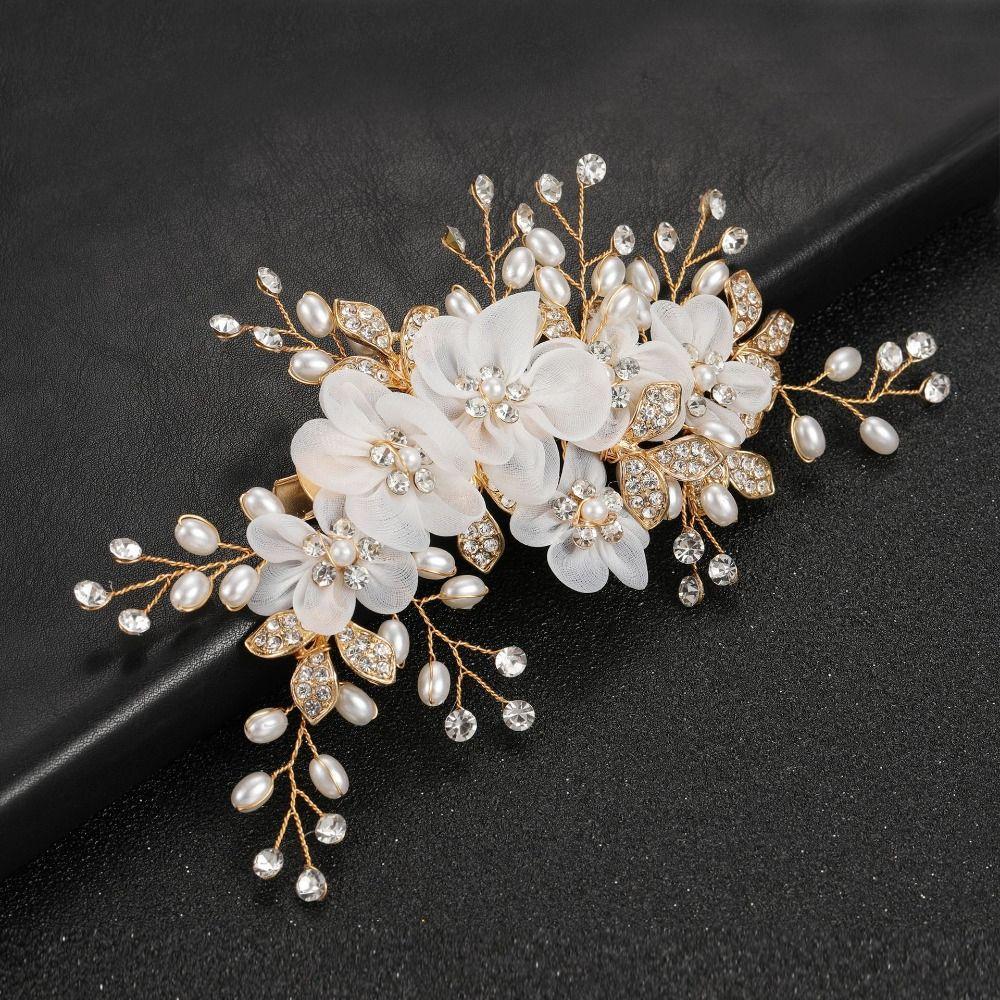 

Pearl Crystal Bridesmaid Hair Clip White Silk Flower Bride Tiara Hair Accessories Jewelry срібний