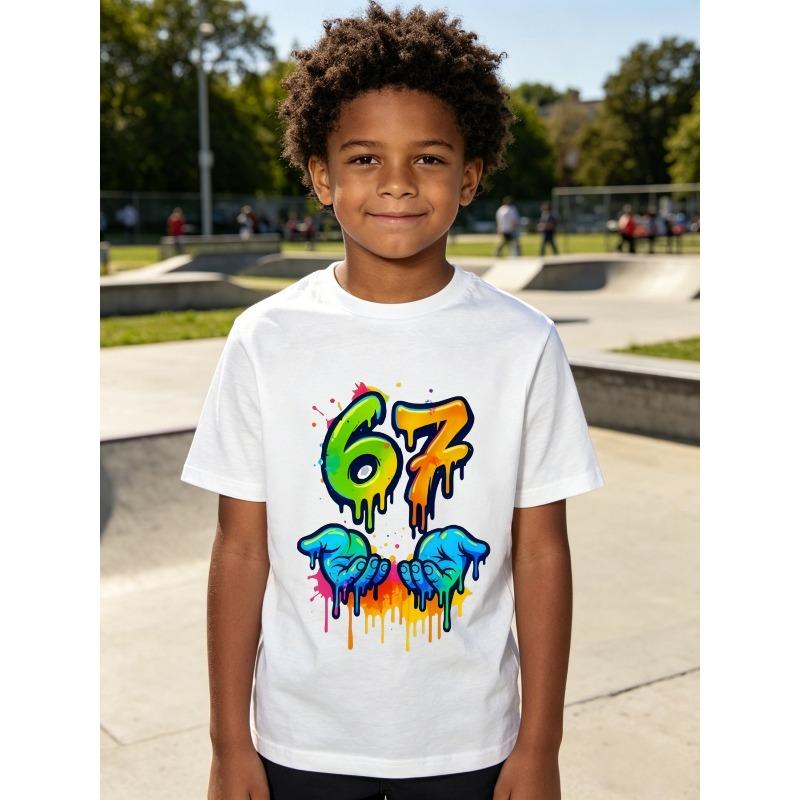 European sizes Boys' Size 67 Graffiti Melted Style Short Sleeve T-Shirt, Trendy Cool Street Style Digital Print Top