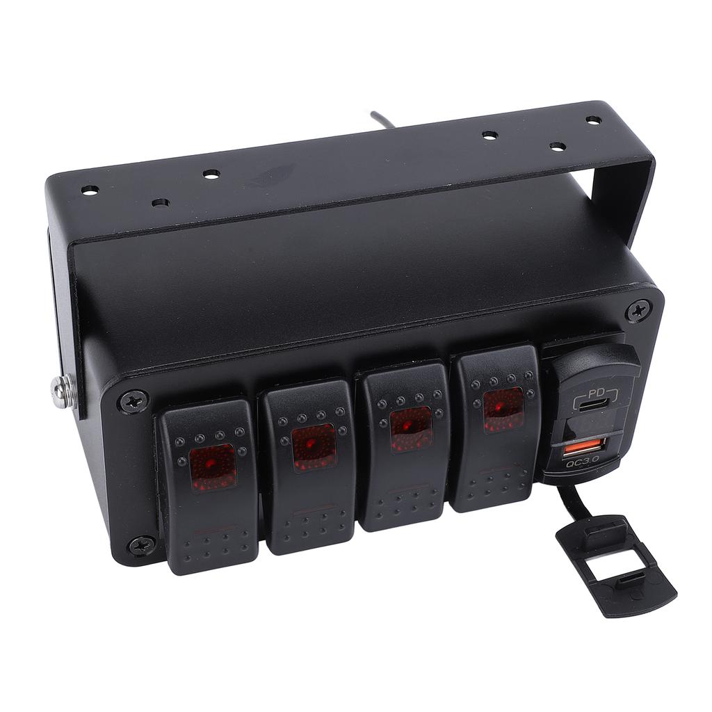 4 Gang Rocker Switch Panel with PD Type C QC3.0 USB Charger Waterproof Universal Fit for Car Truck Boat RV UTV ATV Red