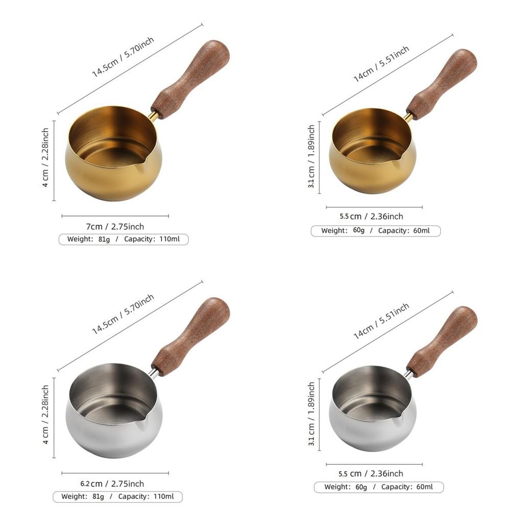 Sauce Pan 304 Stainless Steel Sauce Pan Butter Warmer Milk Pan with Pour Spout Cooking Sauce Cup with Wooden Handle 60ml/100ml
