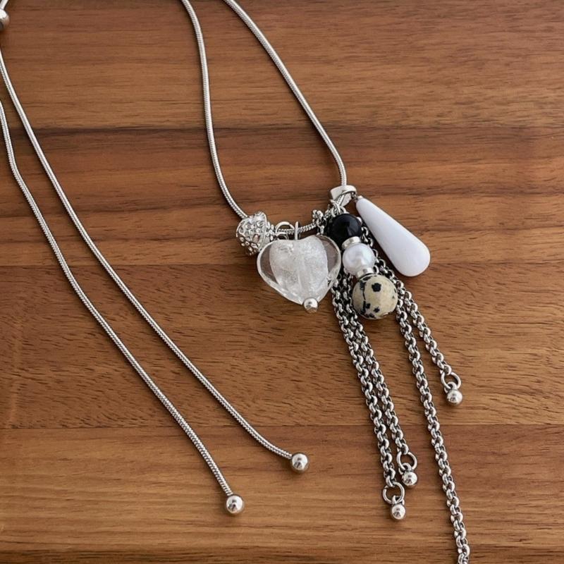 Adjustable Heart Pendant Necklace With Simulated Pearls Tassels Drop For Women French Colored Glaze Agate Stone Jewelry