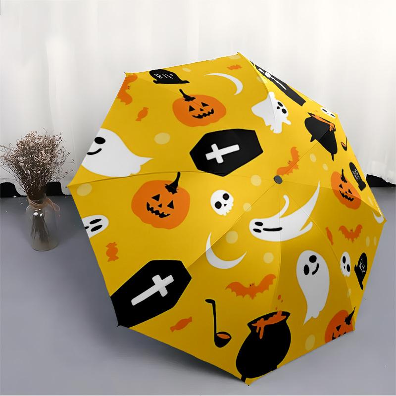 1pc Halloween Ghosts Automatic Open/Close Umbrella with One-Touch Button, Compact Folding Canopy, Sturdy 8-Rib Windproof Design -041