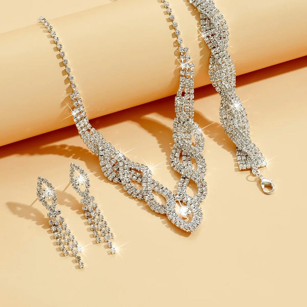 Korean Style Wedding Bride Hollowed Out Rhinestone Women Necklace Earrings