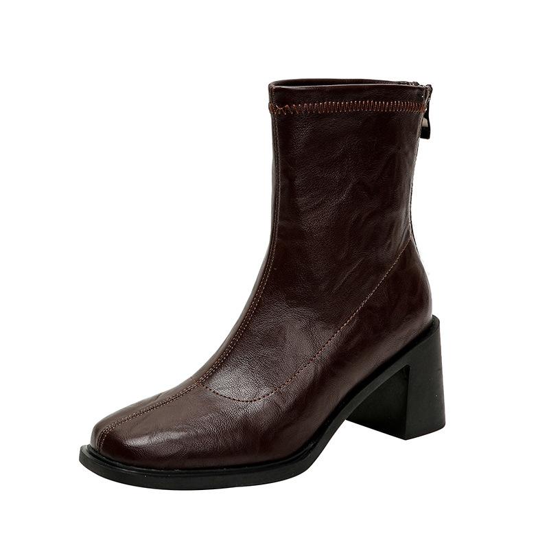 Cowhide~ 2025 New Retro Thick Heel Skinny Boots Women's Thick Heel Commuter Short Boots British Wind Motorcycle Martin Boots