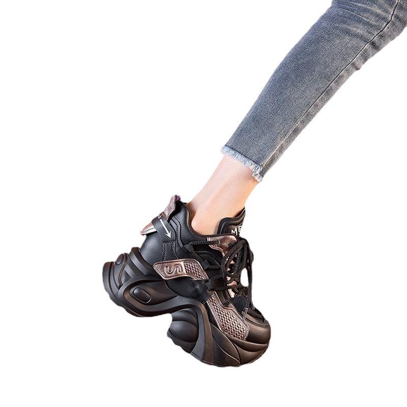 Leather inner height increase 8cm dad shoes women's 2025 spring and autumn new thick-soled height increase versatile casual velvet sports shoes