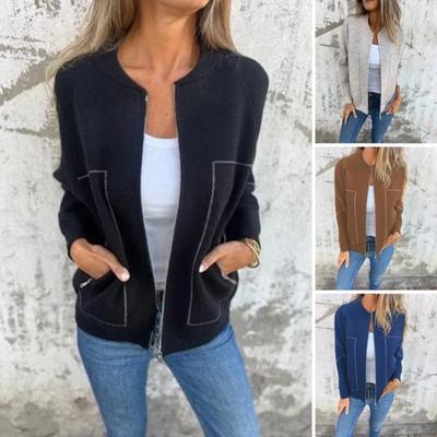 Herbst Frühling Frauen Jacke Rundhals Einfarbig Lange Ärmel Zip-up Baseball Mantel
