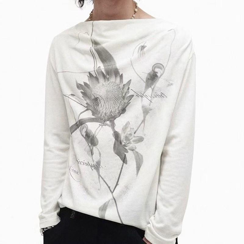 Casual Floral Print Long Sleeve T-Shirt Loose Fit Slash Neck Top Men Women