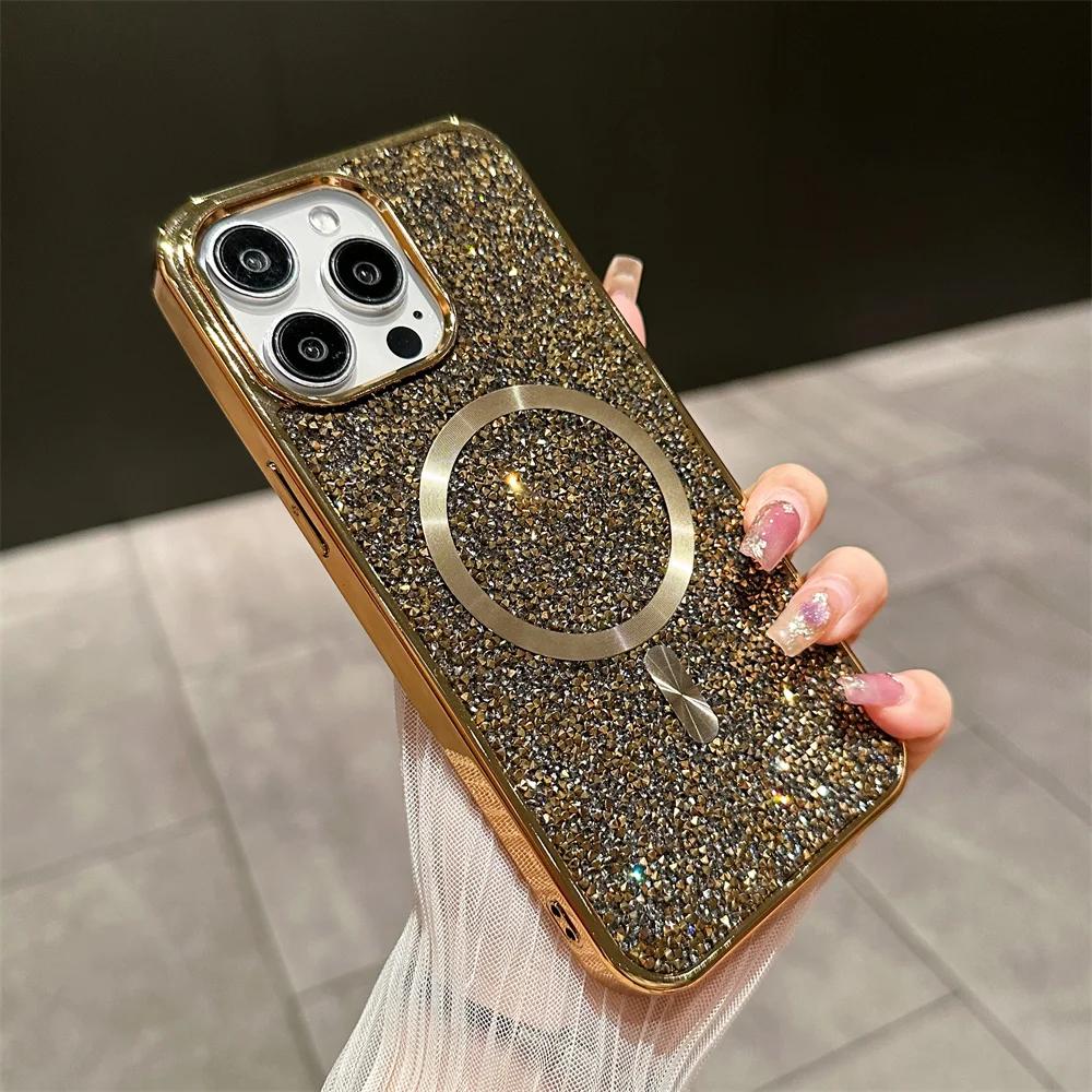 Luxusní třpytivý diamantový magnetický kryt na telefon pro IPhone 17 16 15 14 Plus 13 12 Pro Max pro Magsafe kryt pro bezdrátové nabíjení