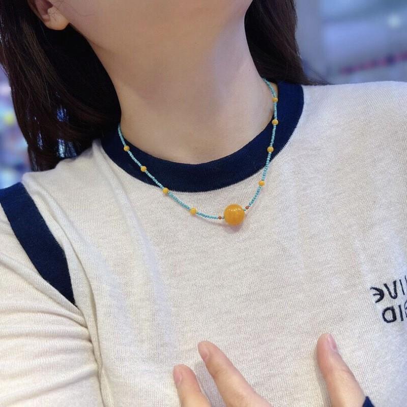 s9Silver amber clavicle chain, turquoise and small bead South Red agate necklace, elegant and stylish, versatile