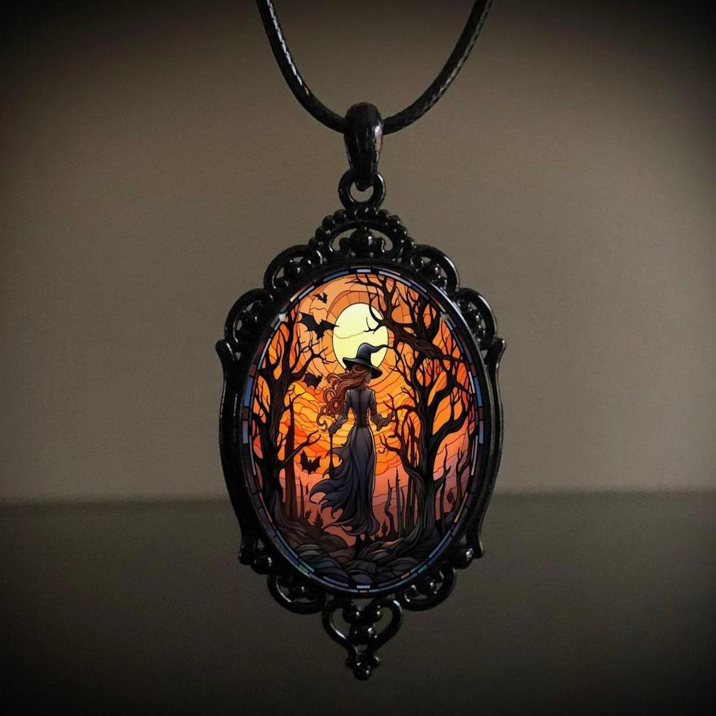Gothic Vampire Witch Pendant Necklace In Dark Metal with Orange and Black Accents