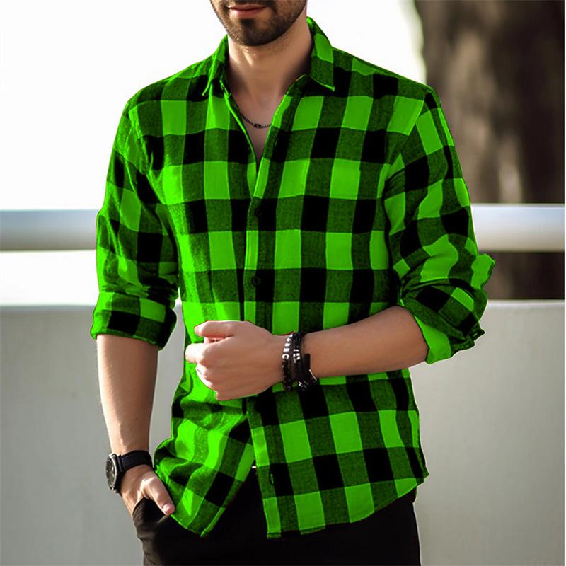 2026 New Green Plaid Printed Men s Shirt Fashion Men s Long Sleeve Button Lapel Shirt Street Loose Casual Breathable 9 Colors S