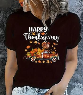 Happy Thanksgiving Truck Pumpkins Fall Leaves Print T-shirt