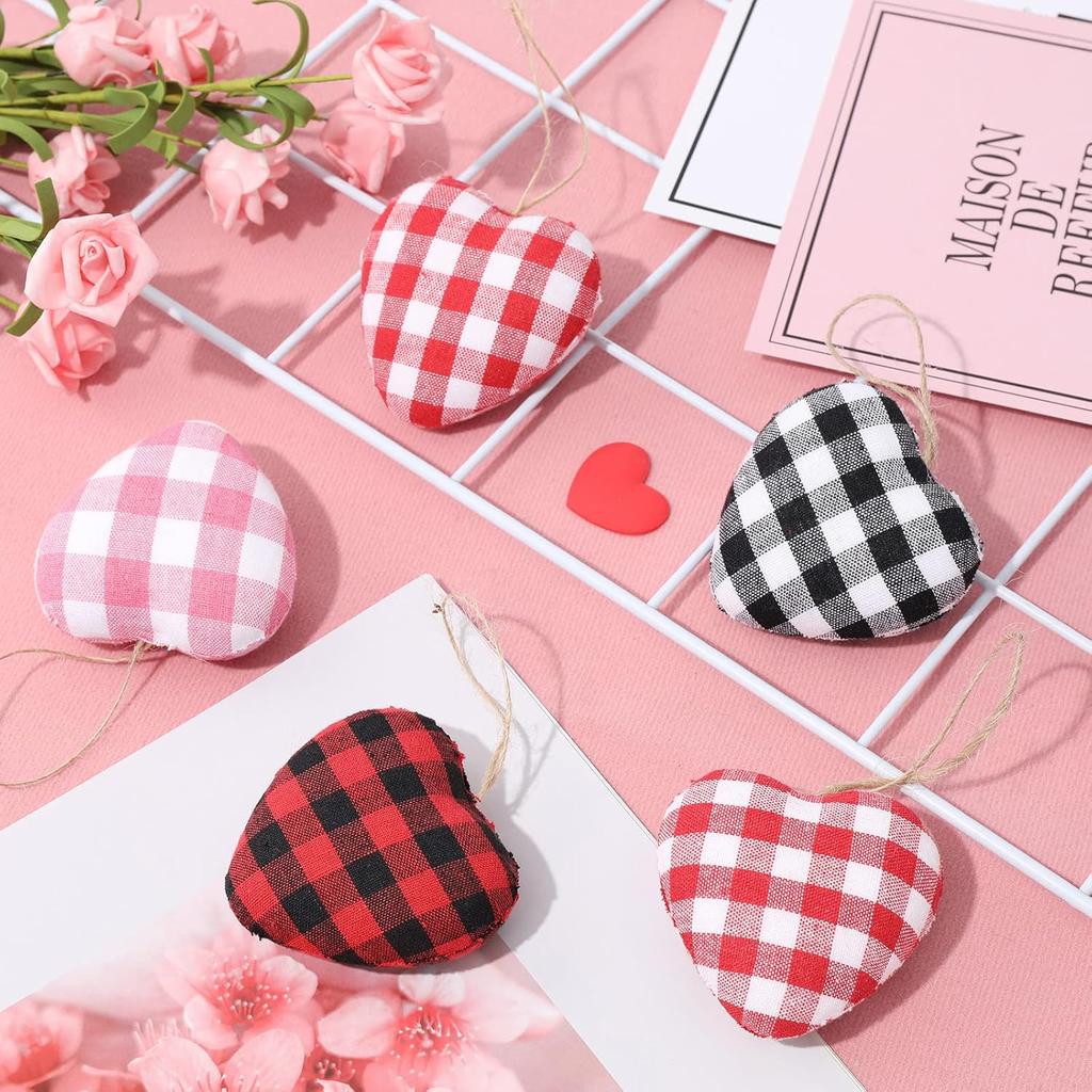 Whaline 24Pcs Valentine's Day Heart Ornaments Buffalo Check Heart Ornament 4 Designs Black Red White Pink Plaid Hanging Decorations for Wedding