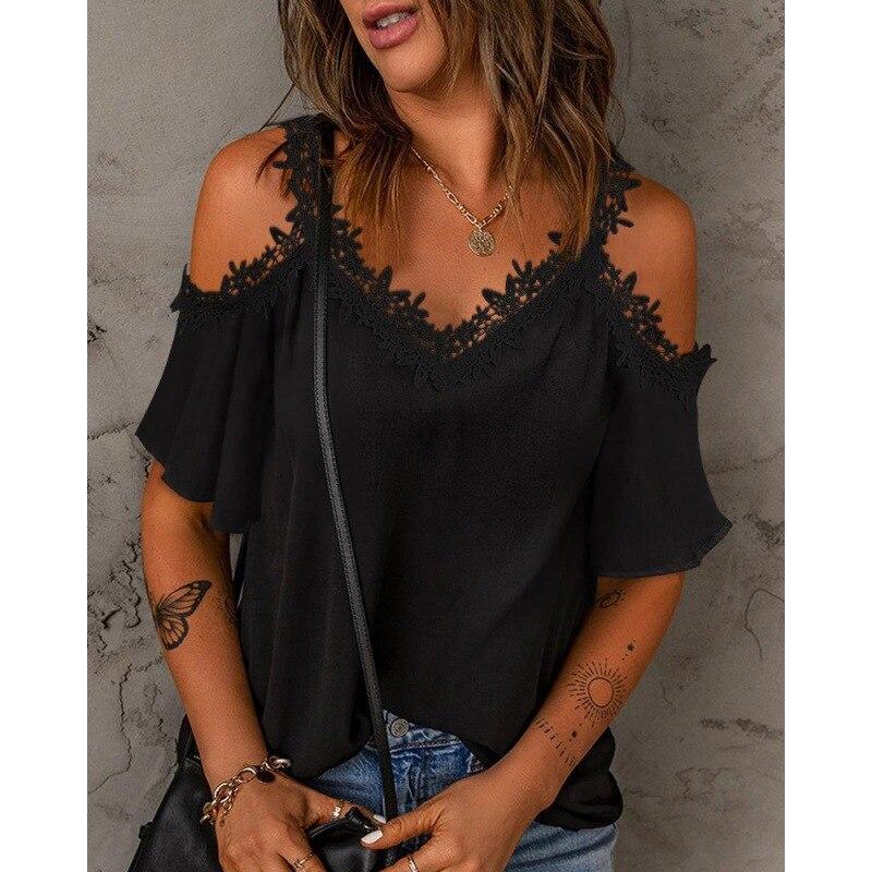 Elegant V-neck Sexy Lace Womens T Shirts Summer White Short Sleeve Tees Off Shoulder T Shirt 2023 Fashion Solid Lady Tops 26353