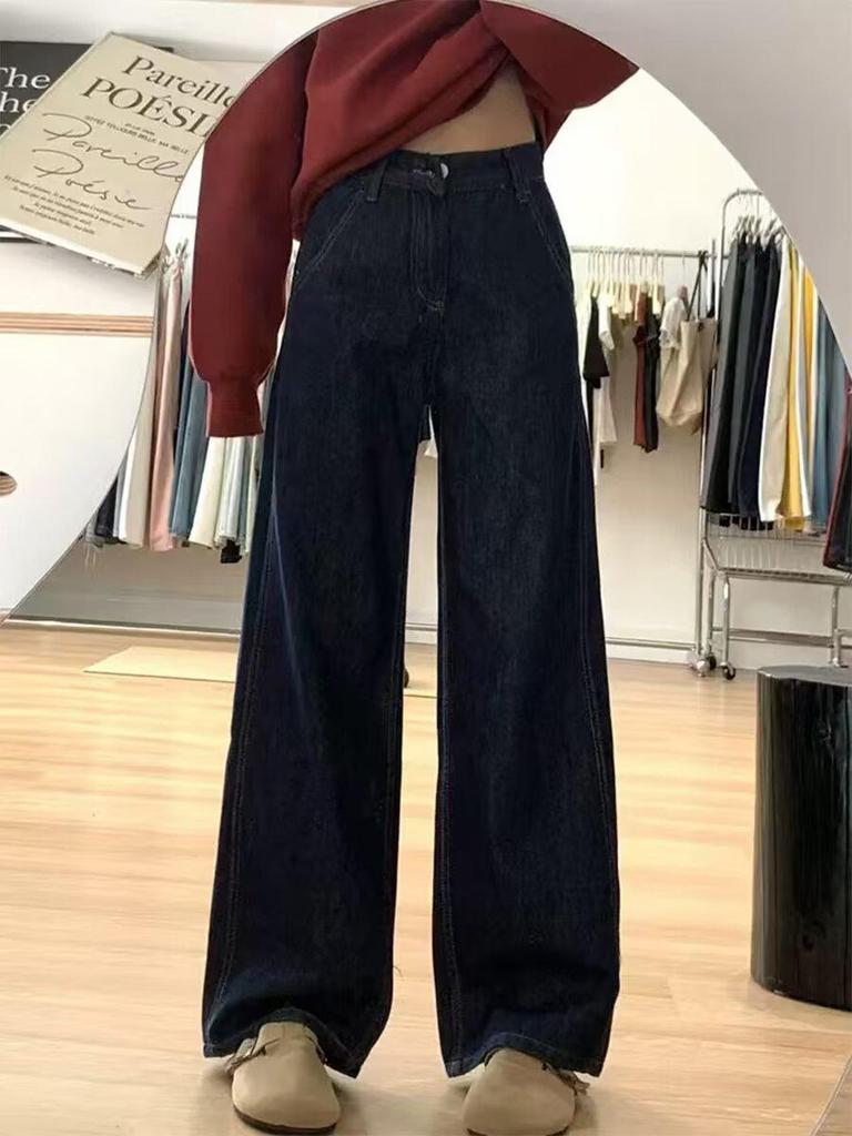 Plus Size Retro Dark Blue Wide-Leg Jeans for Women - Autumn/Winter Drapey Mop Pants