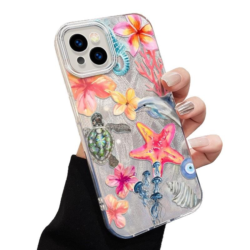Funda de Teléfono Delfín Tortuga para iPhone 16 Promax 15Plus 14 13 12 Pro Max 11 X XR XS MAX 7 8 Plus SE2 Cubierta de Pluma