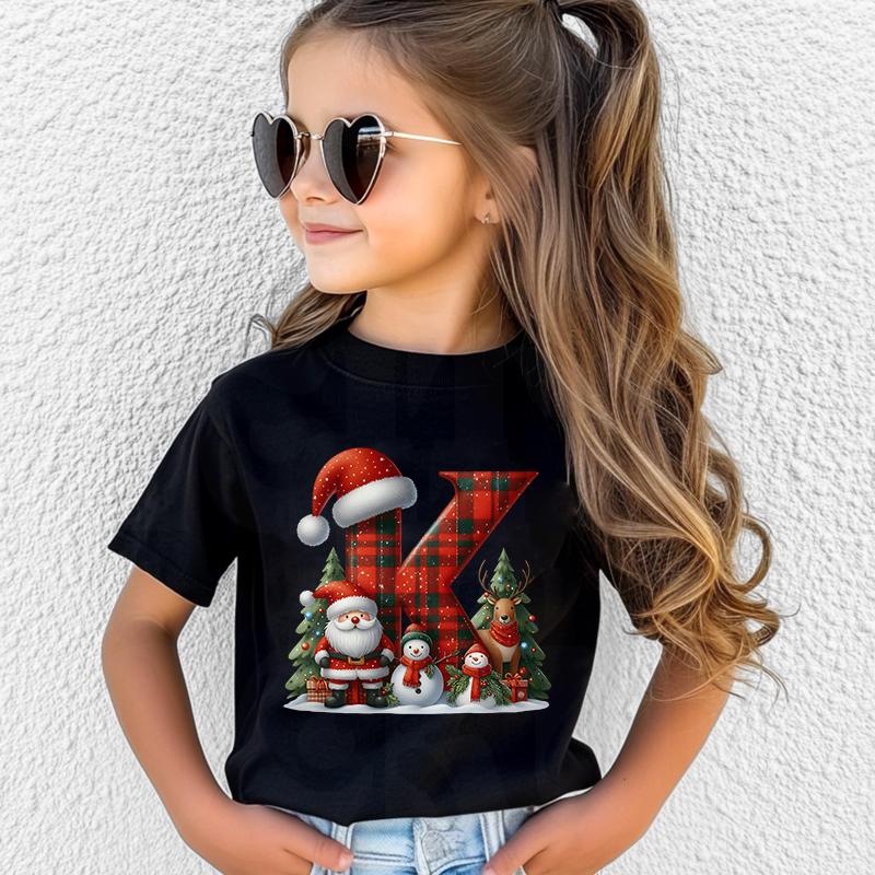 Personalized Kids Christmas T-shirt with A-Z Alphabet Print, Santa Hat Design for Boys & Girls