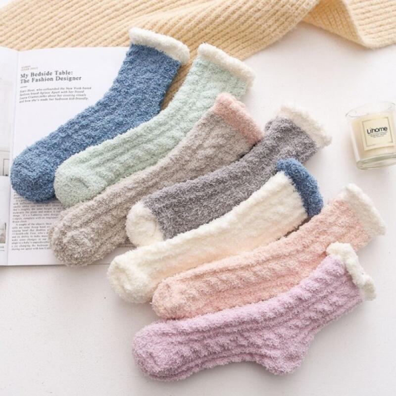 Coral pastel velvet sleep socks, plain socks beige