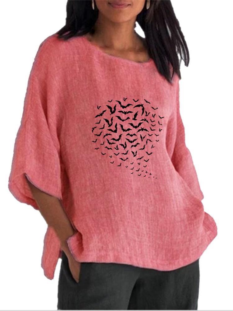 Women Fashion Cotton Linen 3/4 Long Sleeve Top Spring&summer O Neck Print Shirt Ladies Pullover Loose Blouse