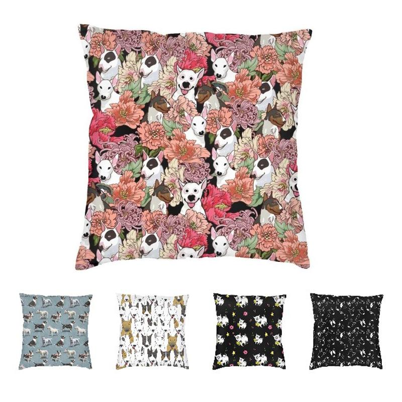 Lu Xika Chen Unisex Bull Terrier Dog Flower Pattern Cushion Cover Sofa Decoration Pet Puppy Square Throw Pillow Case 45X45