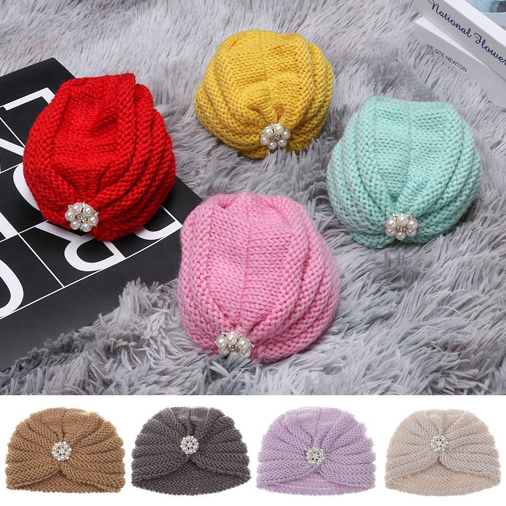 

Зимняя мода Вязаная шапка Купол Шапки Тюрбан Кепка Жемчуг Детские шапки Головной убор