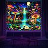 Ine Ive Blacklight Fantasy Mushroom Forest Tapestry Aesthetic UV Reactive Waterfall Tapestries 60x51Inch Moon Night Wildflower Plant Landscape Black