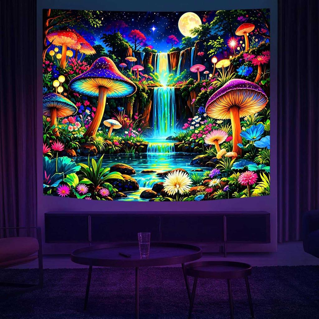 Ine Ive Blacklight Fantasy Mushroom Forest Tapestry Aesthetic UV Reactive Waterfall Tapestries 60x51Inch Moon Night Wildflower Plant Landscape Black