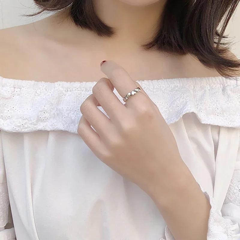 Genuine 925 Silver Stackable Open Ring Heart Finger Rings for Women Wedding Anniversary Jewelry Anel Size Adjustable
