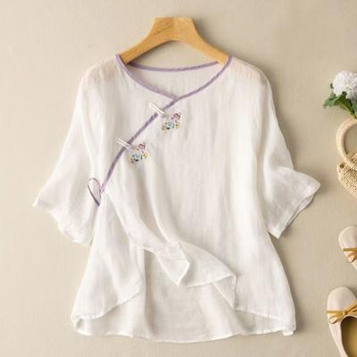 Ethnic Style Slanted Placket Button Embroidered Short-sleeved Cotton Linen Top for Women In Summer New Large Size Loose Shirt for Women